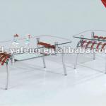 chromed steel leg glass coffee table with wood decoration D071