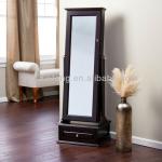 Transitional cheval mirror locking jewelry armoire with base drawer