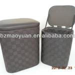 fashionable hand woven plastic storage stool and ottoman s/2 made with wooden frame, pu leater,fabric,sponge PPS001C S/2