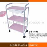 New design 3-tier Professional pink wooden beauty salon trolley cart with a plastic basin and a pull out drawer CB-1001